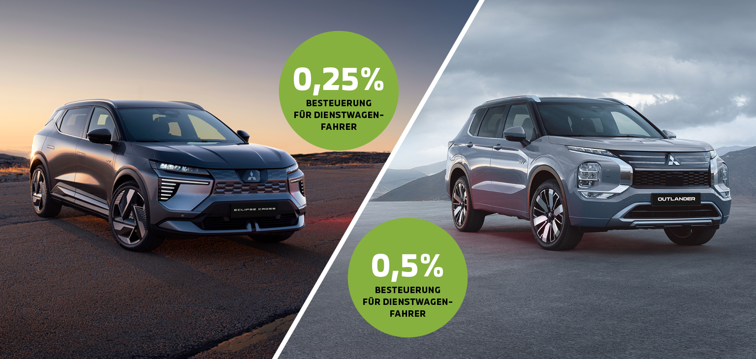 Geteiltes Werbemotiv mit zwei Mitsubishi-SUVs: links ein dunkler Eclipse Cross auf einer Straße bei Sonnenuntergang mit grünem Störer „0,25 % Besteuerung für Dienstwagenfahrer“, rechts ein silberner Outlander vor wolkigem Himmel mit grünem Störer „0,5 % Besteuerung für Dienstwagenfahrer.“